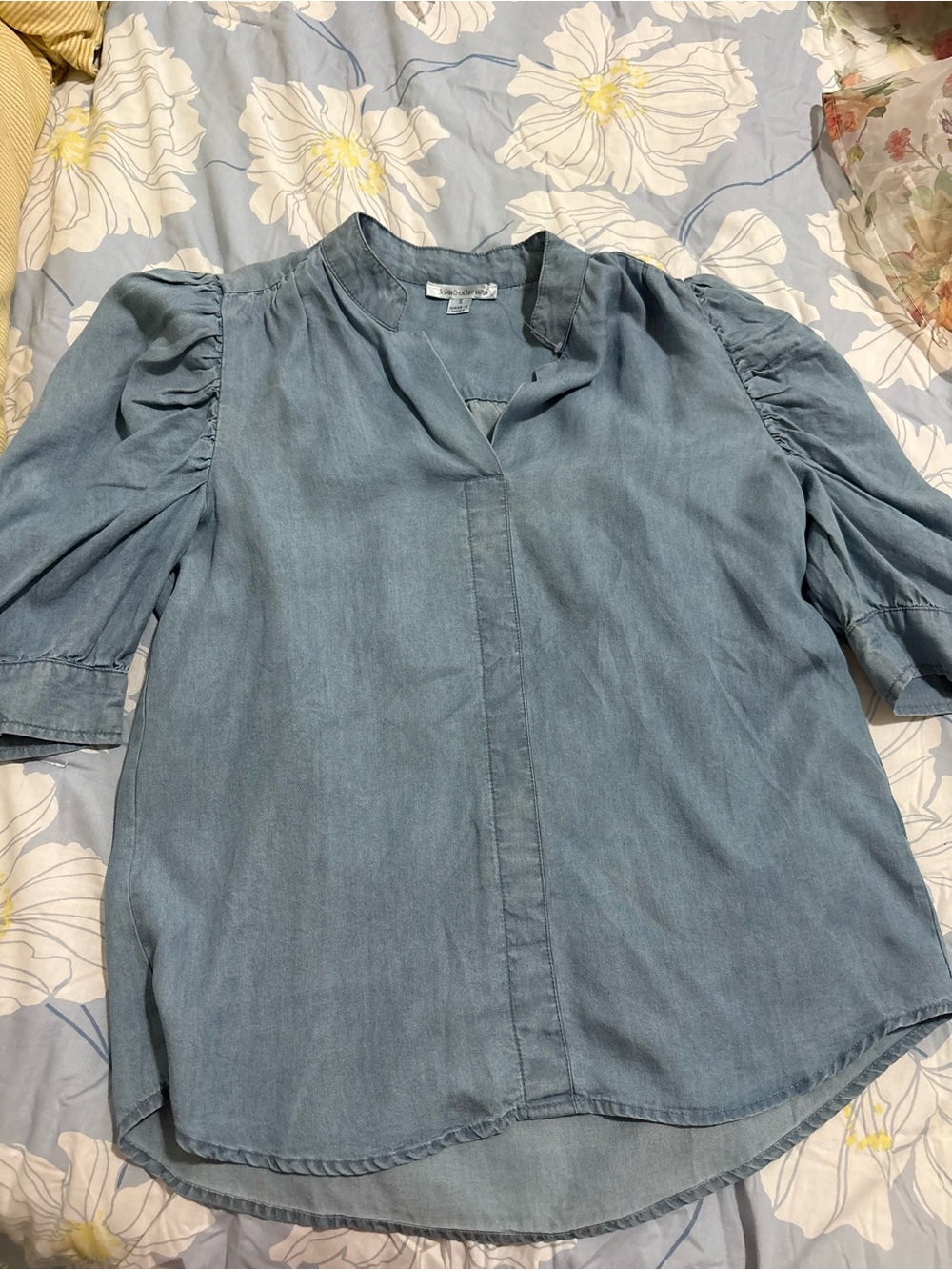 JohnPaulRichard Light Blue Denim-Effect Puff Sleeve Blouse